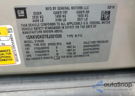 2014 Chevrolet Traverse Lt from USA, damaged, VIN 1GNKVGKD7EJ301599